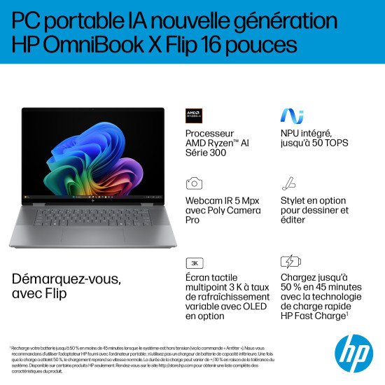 HP OmniBook X FlipNGAI 16-ar0771nb Copilot+ PC AMD Ryzen AI 7 350 Hybride (2-en-1) 40,6 cm (16") Écran tactile 2K 16 Go LPDDR5x-SDRAM 1 To SSD Wi-Fi 6E (802.11ax) Windows 11 Home Argent