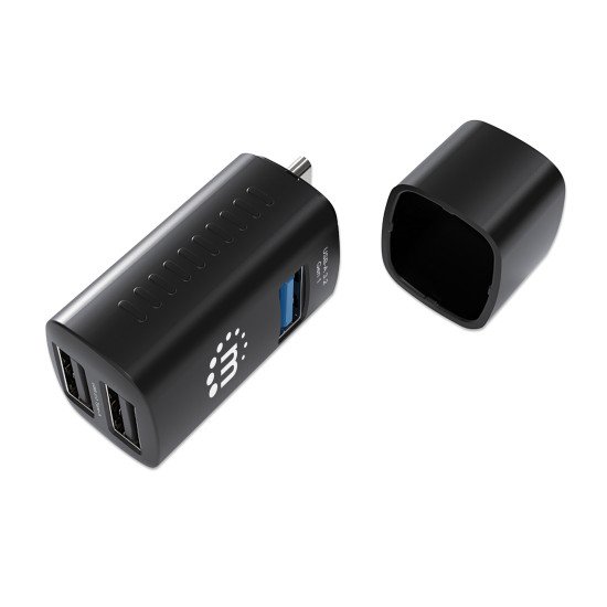 Manhattan Hub USB-C 3 ports ultra compact, 3x USB-A (1x 5 Gbit/s USB 3.0 + 2x 480 Mbit/s USB 2.0), Alimenté par USB (aucune alimentation externe requise)