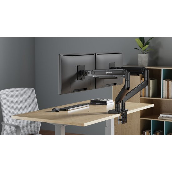 Manhattan Support de bureau double pour TV/moniteurs (bras à ressort à Bras articulé), écrans 13" à 45", fixation à l'arrière par pince ou passe-câble, Compatibilité VESA : 75x75 et 100x100 mm (vérifiez les dimensions des quatre trous de fixatio