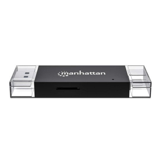 Manhattan Lecteur/enregistreur de cartes multiformat USB-A/USB-C, 5 Gbps (USB 3.0), connecteur mâle vers emplacements microSD et SD/MMC, format mini, compatible avec Windows ou Mac, noir/translucide, garantie de 3 ans