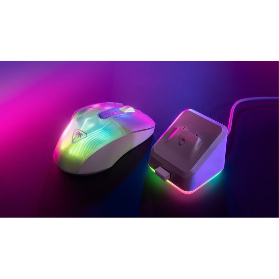Turtle Beach Kone XP Air - Souris gaming RGB ergonomique, personnalisable et sans fil, Bluetooth, capteur optique 19 000 DPI, autonomie de batterie de 100 heures, station de charge, 29 entrées programmables, éclairage AIMO RGB, molette 4D Blanc