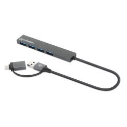 Manhattan Dock/hub combo USB-C & USB-A, 4 ports : 4x USB-A, 5 Gbit/s (USB 3.0), Alimenté par USB (aucune alimentation externe requise), câble 25 cm