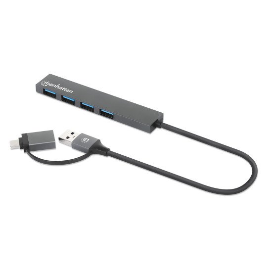 Manhattan Dock/hub combo USB-C & USB-A, 4 ports : 4x USB-A, 5 Gbit/s (USB 3.0), Alimenté par USB (aucune alimentation externe requise), câble 25 cm