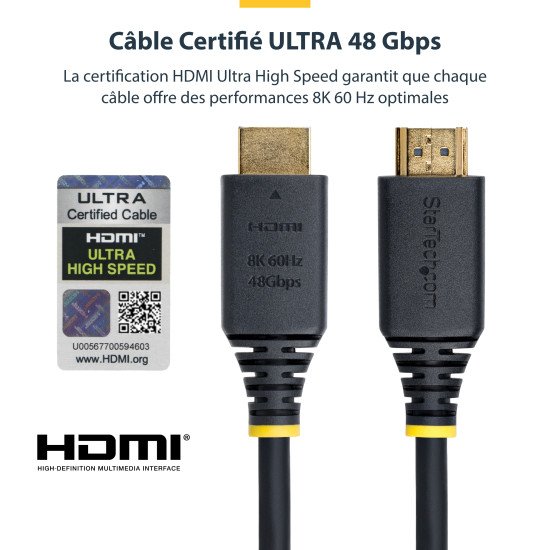 StarTech.com Câble HDMI Ultra Haut Débit Certifié de 4m, 8K 60Hz / 4K 120Hz, Câble HDMI 2.1 avec HDR10+ / eARC, 48 Gbps, Câble HDMI 8K pour Moniteur/Téléviseur/Écran, Gaine TPE Flexible