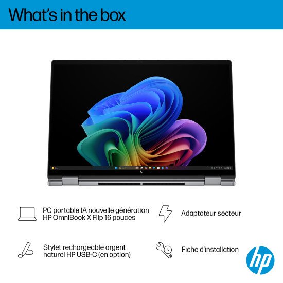 HP OmniBook X FlipNGAI 16-ar0771nb Copilot+ PC AMD Ryzen AI 7 350 Hybride (2-en-1) 40,6 cm (16") Écran tactile 2K 16 Go LPDDR5x-SDRAM 1 To SSD Wi-Fi 6E (802.11ax) Windows 11 Home Argent
