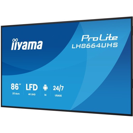 iiyama LH8664UHS-B3AG Écran d'affichage dynamique Écran plat de signalisation numérique 2,17 m (85.6") Wifi 450 cd/m² 4K Ultra HD Noir Intégré dans le processeur Android 24/7