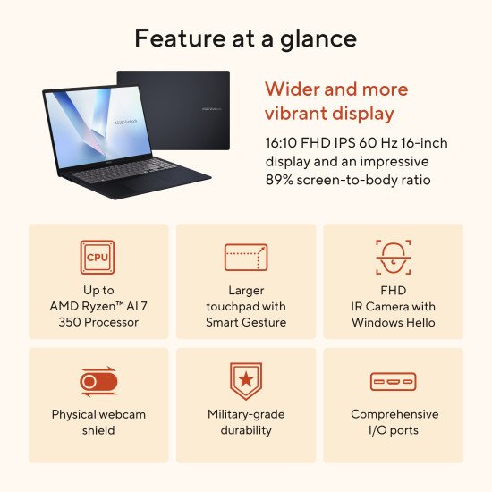 ASUS Vivobook 16 M1607KA-MB5NDW Copilot+ PC AMD Ryzen AI 5 330 Ordinateur portable 40,6 cm (16") WUXGA 16 Go DDR5-SDRAM 512 Go SSD Wi-Fi 6 (802.11ax) Windows 11 Home Belge Bleu, Argent