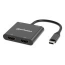Manhattan Adaptateur USB-C vers double HDMI + USB-A, double 4K@30Hz ou 4K@60Hz (un écran), PD 100 W, 480 Mbit/s (USB 2.0), câble 15 cm, noir, garantie 3 ans