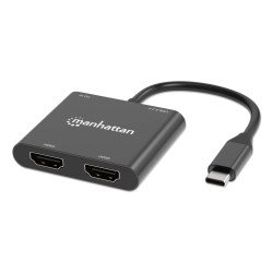 Manhattan Adaptateur USB-C vers double HDMI + USB-A, double 4K@30Hz ou 4K@60Hz (un écran), PD 100 W, 480 Mbit/s (USB 2.0), câble 15 cm, noir, garantie 3 ans
