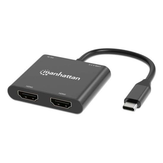 Manhattan Adaptateur USB-C vers double HDMI + USB-A, double 4K@30Hz ou 4K@60Hz (un écran), PD 100 W, 480 Mbit/s (USB 2.0), câble 15 cm, noir, garantie 3 ans