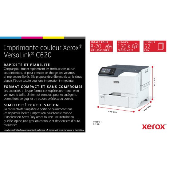 Xerox VersaLink C620 - Imprimante recto verso A4 50 ppm, PS3 PCL5e/6, 2 magasins 650 feuilles