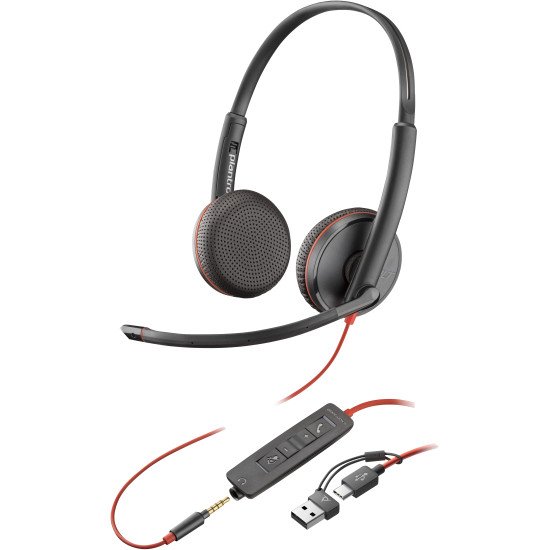 POLY Micro-casque Blackwire 3225 stéréo USB-C + connexion 3,5 mm + adaptateur USB-C/A