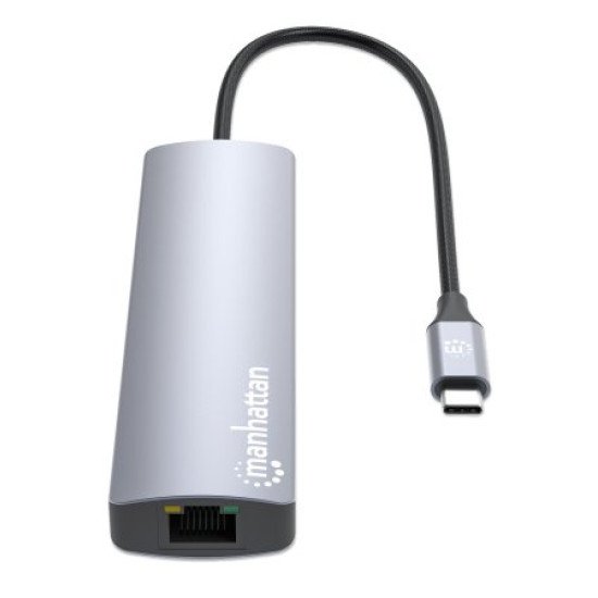 Manhattan Dock/hub USB-C avec lecteur de cartes, 5 ports : Ethernet, HDMI, 2x USB-A + USB-C, avec Power Delivery (PD) 100 W - nécessite un chargeur USB-C externe (non inclus). Alimenté par USB (aucune alimentation externe requise) lorsque le PD n'est pas 