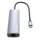 Manhattan Dock/hub USB-C avec lecteur de cartes, 5 ports : Ethernet, HDMI, 2x USB-A + USB-C, avec Power Delivery (PD) 100 W - nécessite un chargeur USB-C externe (non inclus). Alimenté par USB (aucune alimentation externe requise) lorsque le PD n'est pas 