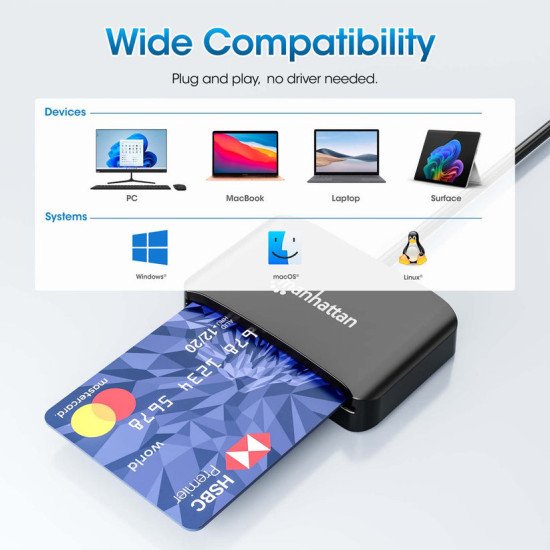 Manhattan Lecteur de cartes à puce à contact USB-C, avec emplacement microSD, connecteur USB-C mâle, compatible avec Windows, macOS et Linux, lit les cartes SIM avec adaptateur, câble de 1 m, noir, garantie de 3 ans