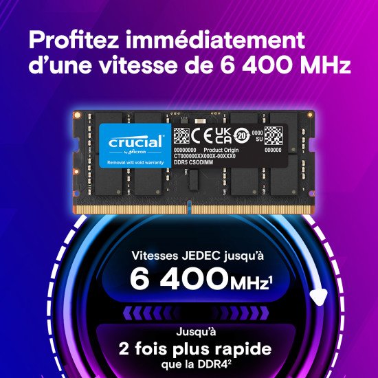 Crucial CT2K24G64C52CS5 module de mémoire 48 Go 2 x 24 Go DDR5 6400 MT/s Crucial CT2K24G64C52CS5 module de mémoire 48 Go 2 x 24 Go DDR5 6400 MT/s