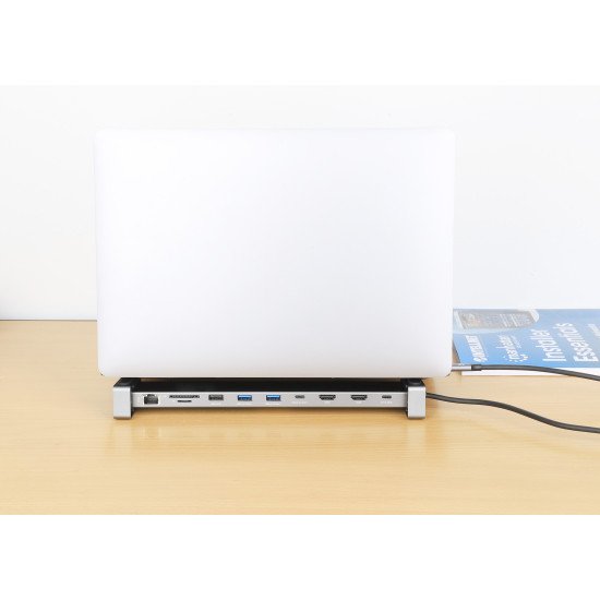 Manhattan Dock/hub USB-C avec lecteur de cartes et MST, 7 ports : Ethernet, 2x HDMI 4K@60Hz, 3x USB-A + USB-C, avec PD 100W - nécessite un chargeur USB-C externe (non inclus). Alimenté par USB (aucune alimentation externe requise) lorsque le PD n'est pas 