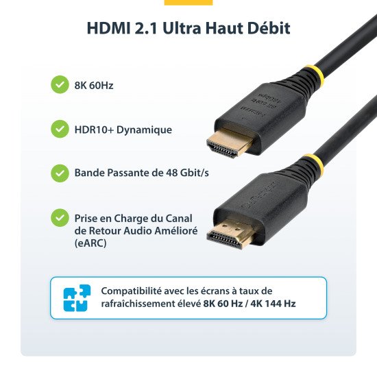 StarTech.com Câble HDMI Ultra Haut Débit Certifié de 4m, 8K 60Hz / 4K 120Hz, Câble HDMI 2.1 avec HDR10+ / eARC, 48 Gbps, Câble HDMI 8K pour Moniteur/Téléviseur/Écran, Gaine TPE Flexible