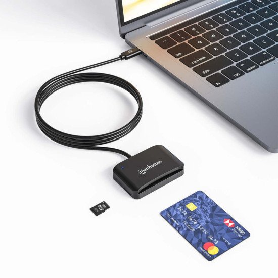 Manhattan Lecteur de cartes à puce à contact USB-C, avec emplacement microSD, connecteur USB-C mâle, compatible avec Windows, macOS et Linux, lit les cartes SIM avec adaptateur, câble de 1 m, noir, garantie de 3 ans