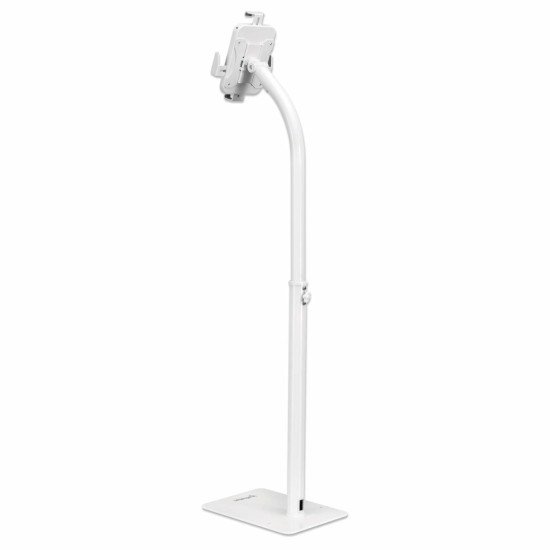 Manhattan Support de sol antivol pour tablette et iPad, universel, rotation 360°, inclinaison +20° à -110°, verrouillable, blanc, pour tablettes 7,9"–11", hauteur réglable 790 à 1190 mm, fixation à l'arrière au sol possible
