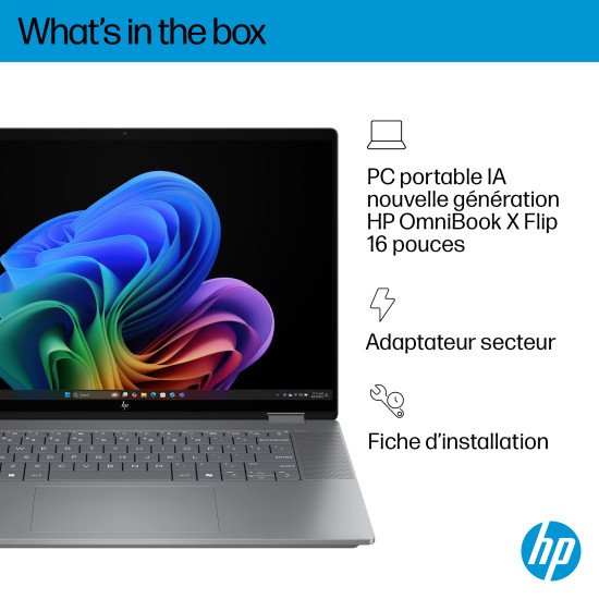 HP OmniBook X FlipNGAI 16-ar0771nb Copilot+ PC AMD Ryzen AI 7 350 Hybride (2-en-1) 40,6 cm (16") Écran tactile 2K 16 Go LPDDR5x-SDRAM 1 To SSD Wi-Fi 6E (802.11ax) Windows 11 Home Argent