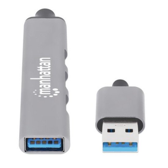 Manhattan Hub USB-A 4 ports, 4x USB-A (1x 5 Gbps USB 3.0 + 3x 480 Mbps USB 2.0), Alimenté par USB (aucune alimentation externe requise), aluminium