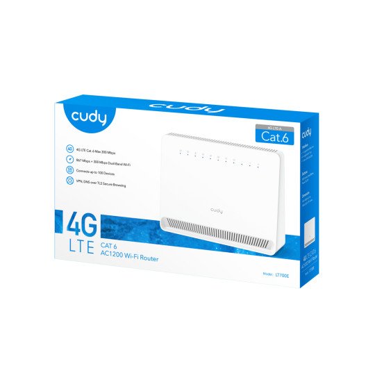 Cudy 4G Cat 6 AC1200 Wi-Fi Router, LT700E 1.0 routeur sans fil Gigabit Ethernet Bi-bande (2,4 GHz / 5 GHz) Blanc