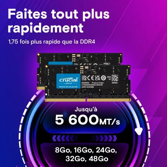 Crucial CT2K64G56C46S5 module de mémoire 128 Go 2 x 64 Go DDR5 5600 MHz Crucial CT2K64G56C46S5 module de mémoire 128 Go 2 x 64 Go DDR5 5600 MHz