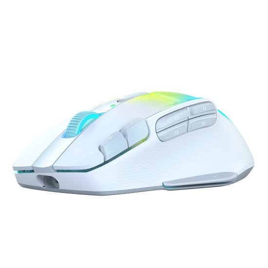 Turtle Beach Kone XP Air - Souris gaming RGB ergonomique, personnalisable et sans fil, Bluetooth, capteur optique 19 000 DPI, autonomie de batterie de 100 heures, station de charge, 29 entrées programmables, éclairage AIMO RGB, molette 4D Blanc