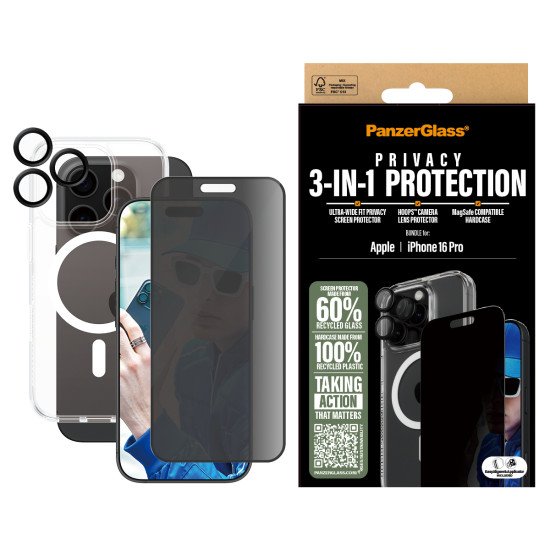 PanzerGlass ® 3-in-1 Privacy Protection Bundle iPhone 16 Pro Protection d'écran transparent Apple 1 pièce(s) PanzerGlass ® 3-in-1 Privacy Protection Bundle iPhone 16 Pro Protection d'écran transparent Apple 1 pièce(s)