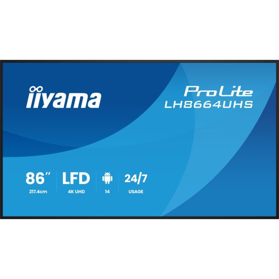 iiyama LH8664UHS-B3AG Écran d'affichage dynamique Écran plat de signalisation numérique 2,17 m (85.6") Wifi 450 cd/m² 4K Ultra HD Noir Intégré dans le processeur Android 24/7