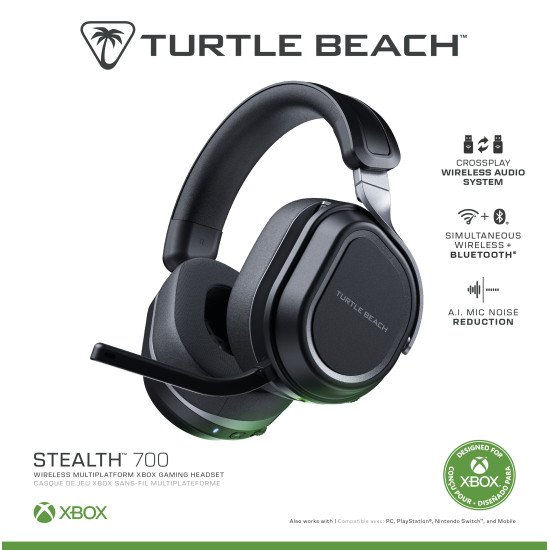 Turtle Beach Casque gaming amplifié multiplateforme sans fil Stealth 700 pour Xbox Series X|S, Xbox One, PC et mobile - Haut-parleurs 60 mm, microphone avec isolation acoustique par l'IA, Bluetooth. Batterie 80 heures – Noir