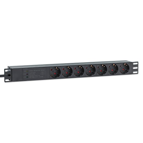 Intellinet Unité de distribution d'alimentation (PDU) 19" 1U à 7 prises EU, protection contre les surtensions (500 joules / 19 500 A), 16 A, montage horizontal, prises EU CEE 7/3, câble d'alimentation 3 m, sortie, montage en rack, garantie trois ans