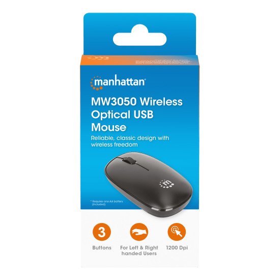 Manhattan Souris optique sans fil MW3050, noire, 1200 dpi, 2,4 GHz (jusqu'à 10 m), USB, ambidextre, 3 boutons avec molette, récepteur USB-A nano, pile AA incluse, garantie 3 ans