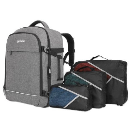Manhattan Sac à dos de voyage Rome 17,3", 2 compartiments (PC jusqu'à 17,3" + tablette jusqu'à 11"), format cabine avion, 40 L, multiples poches, 3 pochettes souples, 2 poignées, bretelles escamotables, gris clair