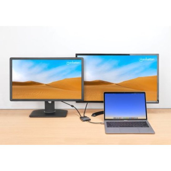 Manhattan Dock/hub USB-C, 4 ports : HDMI, USB-A, USB-C et VGA, avec Power Delivery (PD) 87 W - nécessite un chargeur USB-C externe (non inclus). Alimenté par USB (aucune alimentation externe requise) lorsque le PD n'est pas utilisé, aluminium