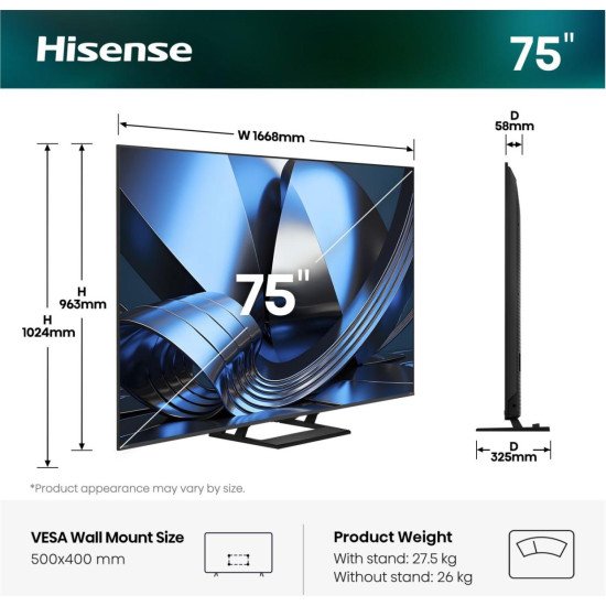 Hisense 75U7DSE 190,5 cm (75") 4K Ultra HD Smart TV Wifi Noir