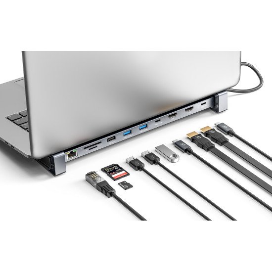 Manhattan Dock/hub USB-C avec lecteur de cartes et MST, 7 ports : Ethernet, 2x HDMI 4K@60Hz, 3x USB-A + USB-C, avec PD 100W - nécessite un chargeur USB-C externe (non inclus). Alimenté par USB (aucune alimentation externe requise) lorsque le PD n'est pas 