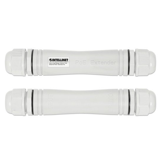 Intellinet Kit extendeur PoE+ extérieur très longue portée Fast Ethernet, étend le PoE jusqu'à 1000 m, 1 port PD jusqu'à 95 W, compatible IEEE 802.3bt (4PPoE), IP67, lot de 2 modules, plastique, gris, Alimentation par Ethernet, Power Over Ethernet, garant