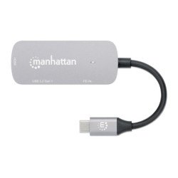Manhattan Dock/hub USB-C, 3 ports : HDMI, USB-A, USB-C, avec Power Delivery (PD) 100 W - nécessite un chargeur USB-C externe (non inclus). Alimenté par USB (aucune alimentation externe requise) lorsque le PD n'est pas utilisé, aluminium