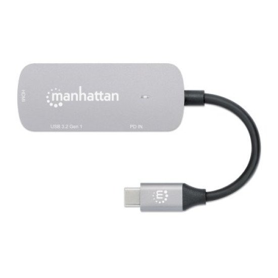 Manhattan Dock/hub USB-C, 3 ports : HDMI, USB-A, USB-C, avec Power Delivery (PD) 100 W - nécessite un chargeur USB-C externe (non inclus). Alimenté par USB (aucune alimentation externe requise) lorsque le PD n'est pas utilisé, aluminium