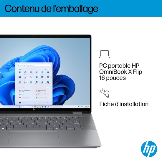 HP OmniBook X FlipNGAI 16-ar0771nb Copilot+ PC AMD Ryzen AI 7 350 Hybride (2-en-1) 40,6 cm (16") Écran tactile 2K 16 Go LPDDR5x-SDRAM 1 To SSD Wi-Fi 6E (802.11ax) Windows 11 Home Argent
