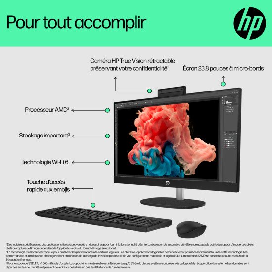 HP 24-cr0060nb AMD Ryzen™ 5 7520U 60,5 cm (23.8") 1920 x 1080 pixels PC All-in-One 16 Go LPDDR5-SDRAM 512 Go SSD Windows 11 Home Wi-Fi 6 (802.11ax) Noir