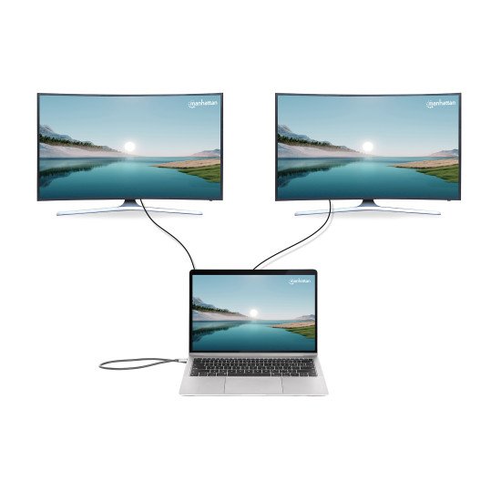Manhattan Dock/hub USB-C avec lecteur de cartes et MST, 7 ports : Ethernet, 2x HDMI 4K@60Hz, 3x USB-A + USB-C, avec PD 100W - nécessite un chargeur USB-C externe (non inclus). Alimenté par USB (aucune alimentation externe requise) lorsque le PD n'est pas 