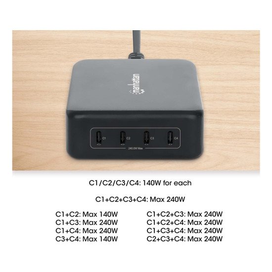 Manhattan Station de charge GaN USB Power Delivery à 4 ports, 240 W / PD 3.1, 4 ports USB-C PD jusqu'à 140 W par port, puissance totale de 240 W, noir