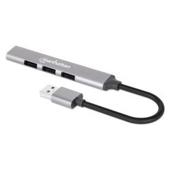 Manhattan Hub USB-A 4 ports, 4x USB-A (1x 5 Gbps USB 3.0 + 3x 480 Mbps USB 2.0), Alimenté par USB (aucune alimentation externe requise), aluminium