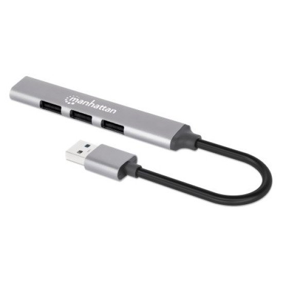Manhattan Hub USB-A 4 ports, 4x USB-A (1x 5 Gbps USB 3.0 + 3x 480 Mbps USB 2.0), Alimenté par USB (aucune alimentation externe requise), aluminium