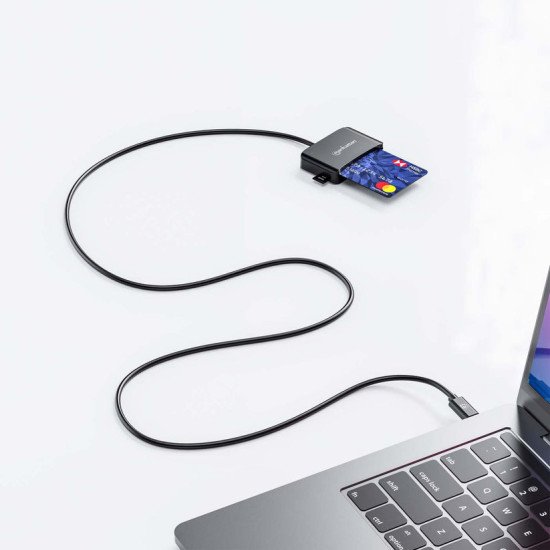 Manhattan Lecteur de cartes à puce à contact USB-C, avec emplacement microSD, connecteur USB-C mâle, compatible avec Windows, macOS et Linux, lit les cartes SIM avec adaptateur, câble de 1 m, noir, garantie de 3 ans