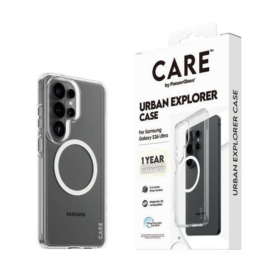 PanzerGlass CARE™ by ® Urban Explorer Case Transparent w. White Qi Samsung Galaxy S26 Ultra coque de protection pour téléphones portables Housse