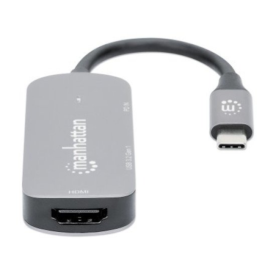 Manhattan Dock/hub USB-C, 3 ports : HDMI, USB-A, USB-C, avec Power Delivery (PD) 100 W - nécessite un chargeur USB-C externe (non inclus). Alimenté par USB (aucune alimentation externe requise) lorsque le PD n'est pas utilisé, aluminium